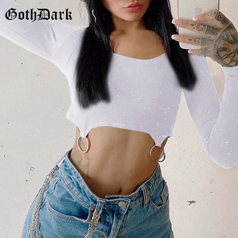 Goth Dark Punk Style Gothic With Iron Ring T-shirts Black Or White Long Sleeve Bodycon Crop Tops Women Autumn Fashion Streetwear