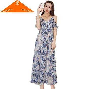 

Newest Summer 2020 V Neck Women Chiffon Floral Dress Sexy Spaghetti Strap Sandbeach Dew Shoulder Long Dresses LJ992