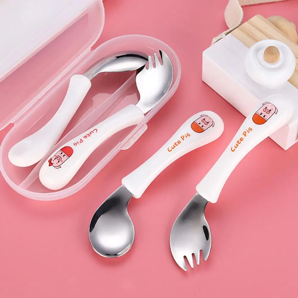 

2Pcs Baby Kids Children Anti-Skid Handle Spoon Fork Tableware with Storage Box