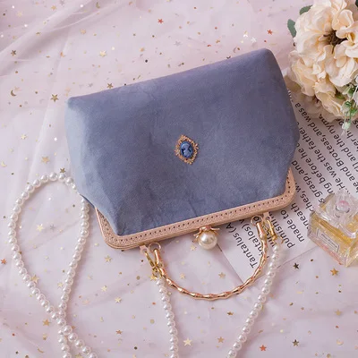 Big Blue pearl chain Велюровые кошельки мини-сумки Женская сумочка маленький роскошный клатч винтажная Хрустальная монетница свадебные жемчужные цепочки розовые сумки на плечо - Цвет: Big Blue pearl chain