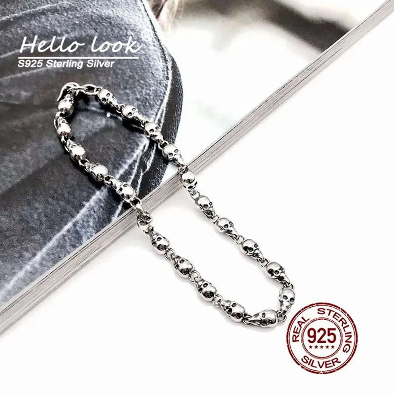 

HelloLook 20cm 100% Sterling Silver Skull Bracelet for Men Punk Street Skull Charms Bracelet Fine Jewelry