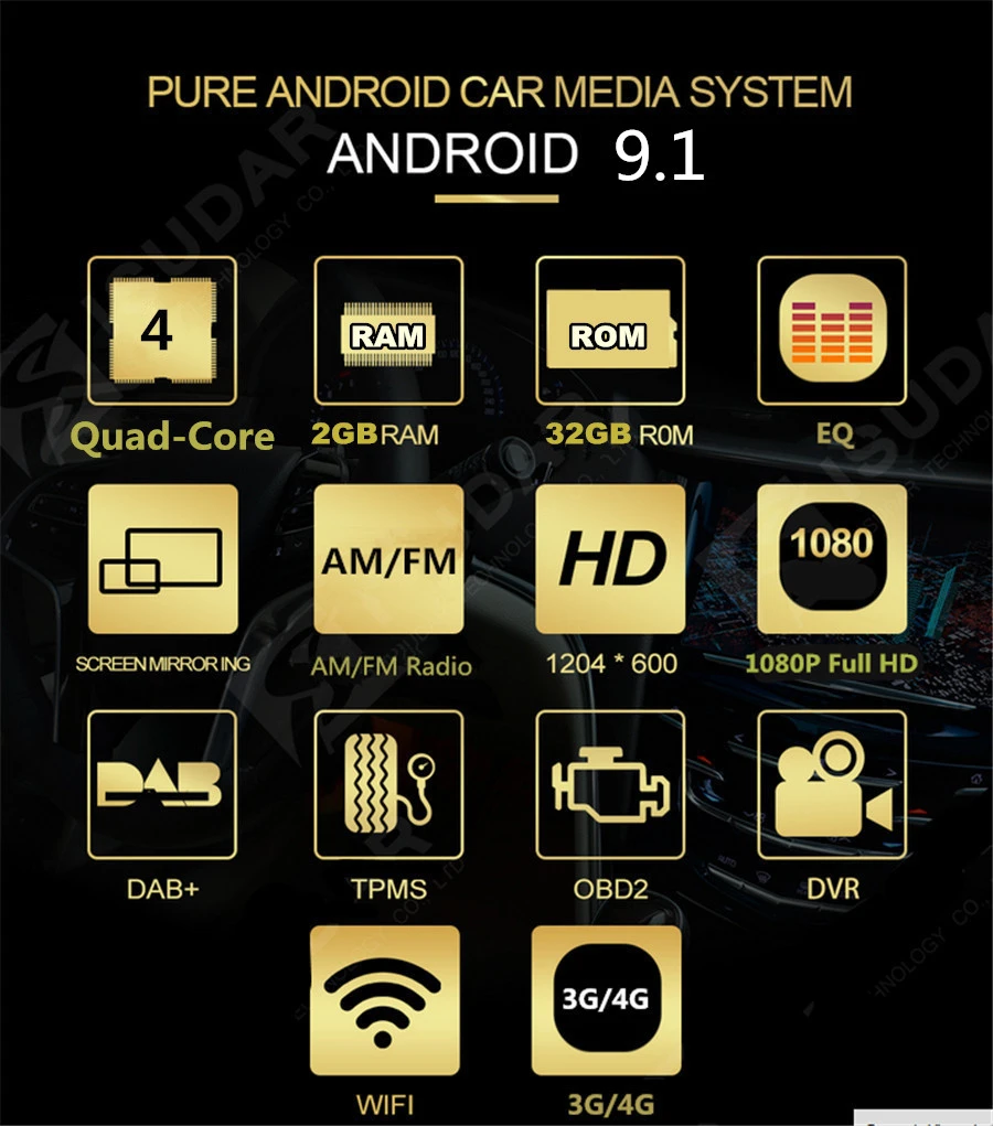 10.1'' Android 9.1 Quad-core RAM 2GB ROM 32GB Car Stereo Radio GPS WIFI 3G 4G BT DAB Mirror Link OB