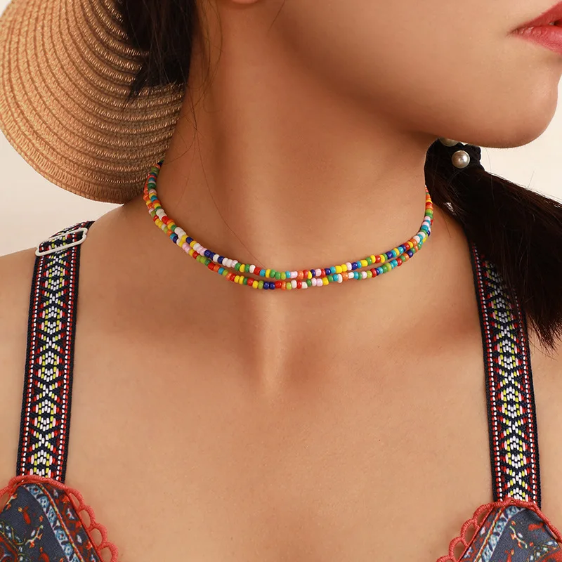 

docona Colorful Beaded Boho Necklace Women Girl Adjustable Sweet Choker Multi-layer Chain Pendant Necklace Collares Jewelry 7036