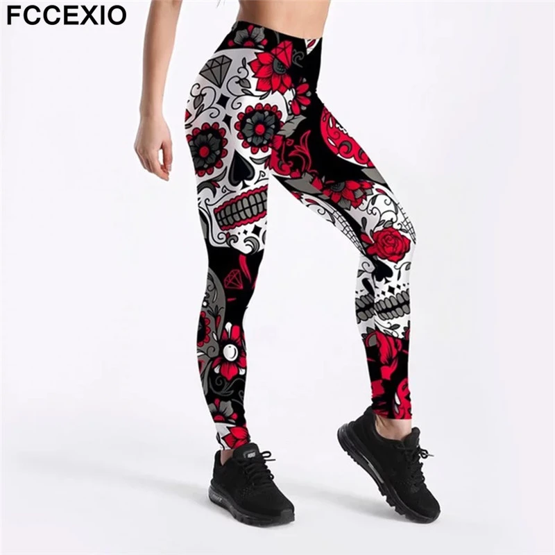 FCCEXIO  Skull Leggings Women's Skull&flower Black Leggings Digital Print Trousers 7 color skull Woman Stretch Pants Plus Size fishnet leggings