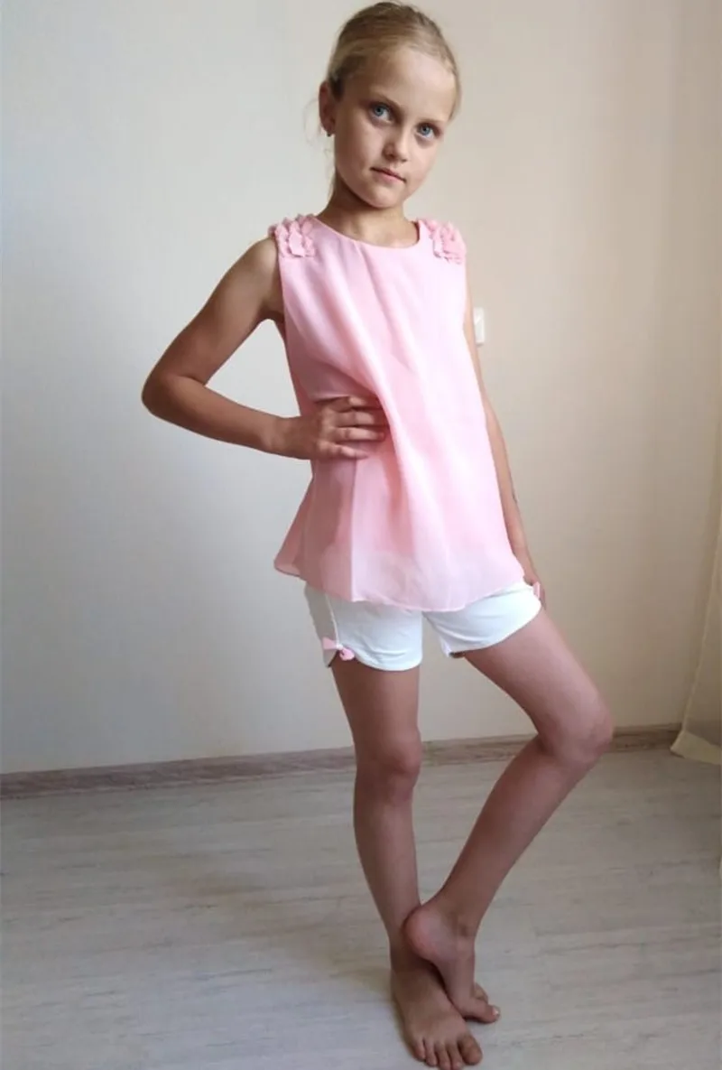 Casual Cute 2 3 4 5 6 8 10 Years Solid Color Bow Flower Sleeveless T-shirt+Shorts 2 Pcs Baby Kids Girls Summer Clothing Set