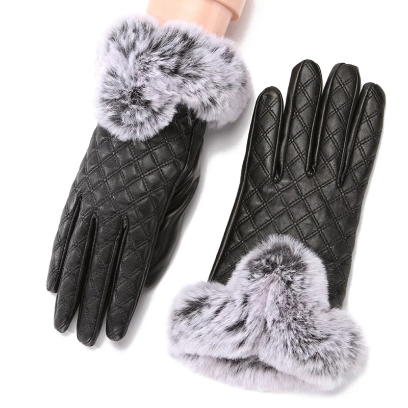 GLV0804BK-2 Женские зимние теплые бархатные перчатки, теплые велосипедные перчатки для бега, теплые женские кожаные перчатки - Цвет: GLV0804BK-2