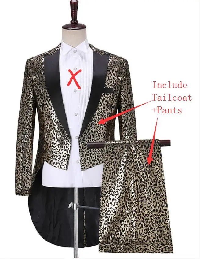 Фрак+ брюки) Леопардовый принт ласточкин хвост набор мужской маг смокинг костюм певица хор Мода 2 шт. наряды Выпускной костюм - Цвет: Gold