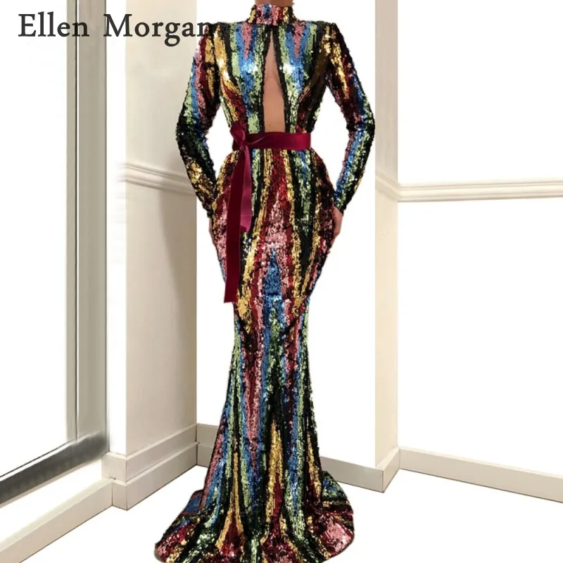 

Arabic Long Sleeves Mermaid Evening Dresses 2019 Saudi Arabia High Neck Vintage Multi Colors Sequined Formal Party Gowns