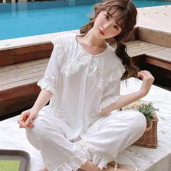 

Autumn Loose Cotton Short-sleeved Pajamas Home Service Thin Square Collar Lace Lapel Solid Color Pajamas +casual Long Pants Suit