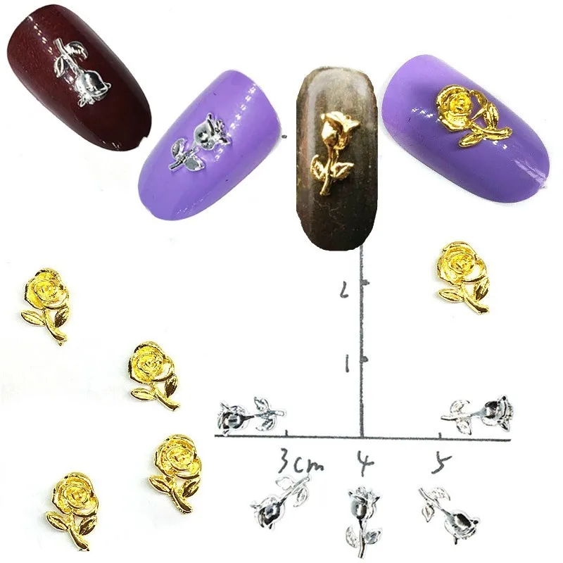 

50Pcs Florals 3d Nail Art Decorations Rose Nail Accessoires Charms Gold Silver Studs Manicure Spring Metal Nailart Supply