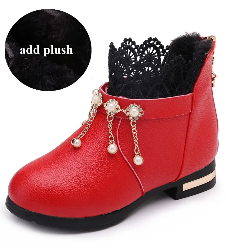 Girls Snow Boots Fashion Winter Autumn Children's Shoes For girls Toddler Kids Warm Princess Mar Boot Baby Girl Shoes - Цвет: red plush