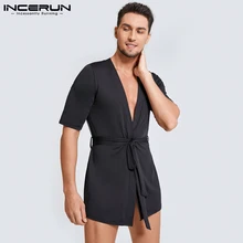 INCERUN 2021 Hot Sale New Men's Comfortable Homewear Mid-sleeve Robes Sexy Lace Stitching Solid Color Breathable Nightgown S-5XL