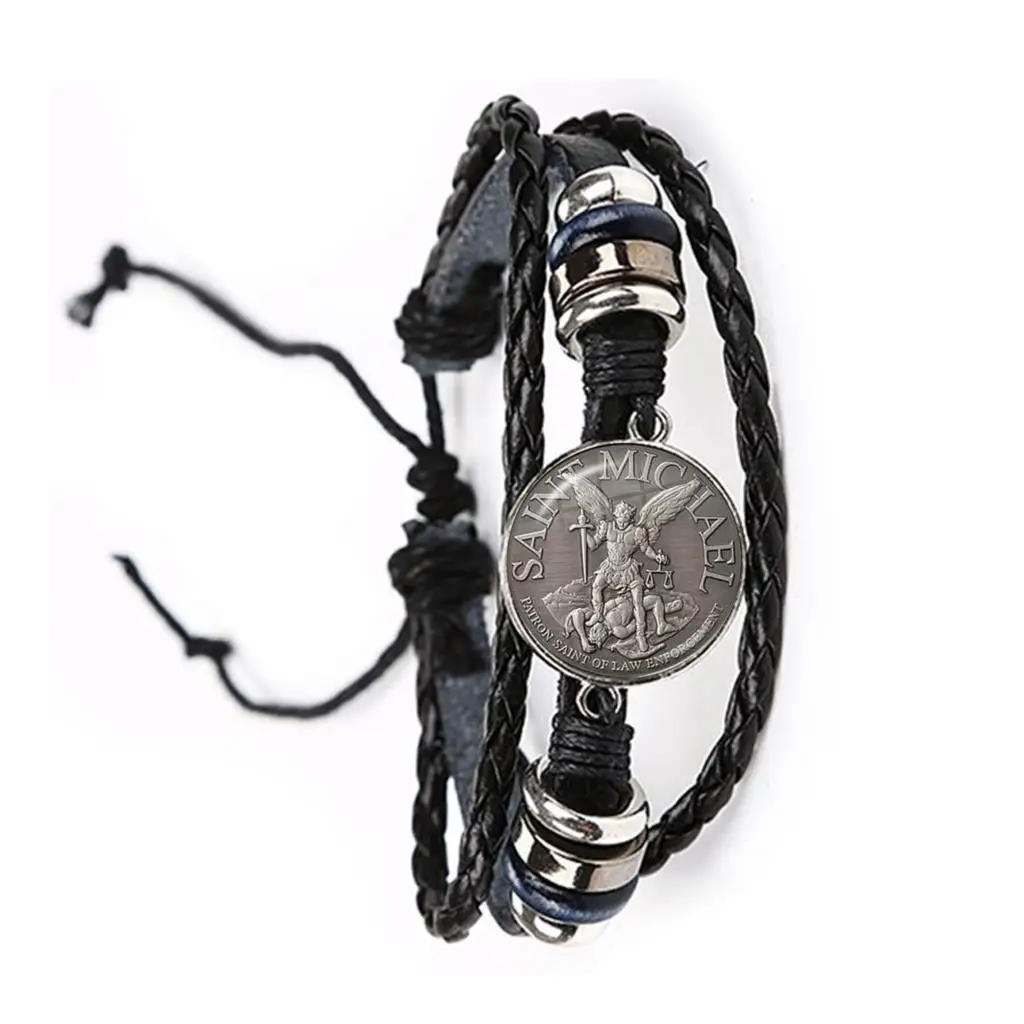 

Glass Cabochon Bracelet Archangel St.Michael Protect Me Saint Shield Protection Charm Russian Orhodox Leather Bangle For Holy