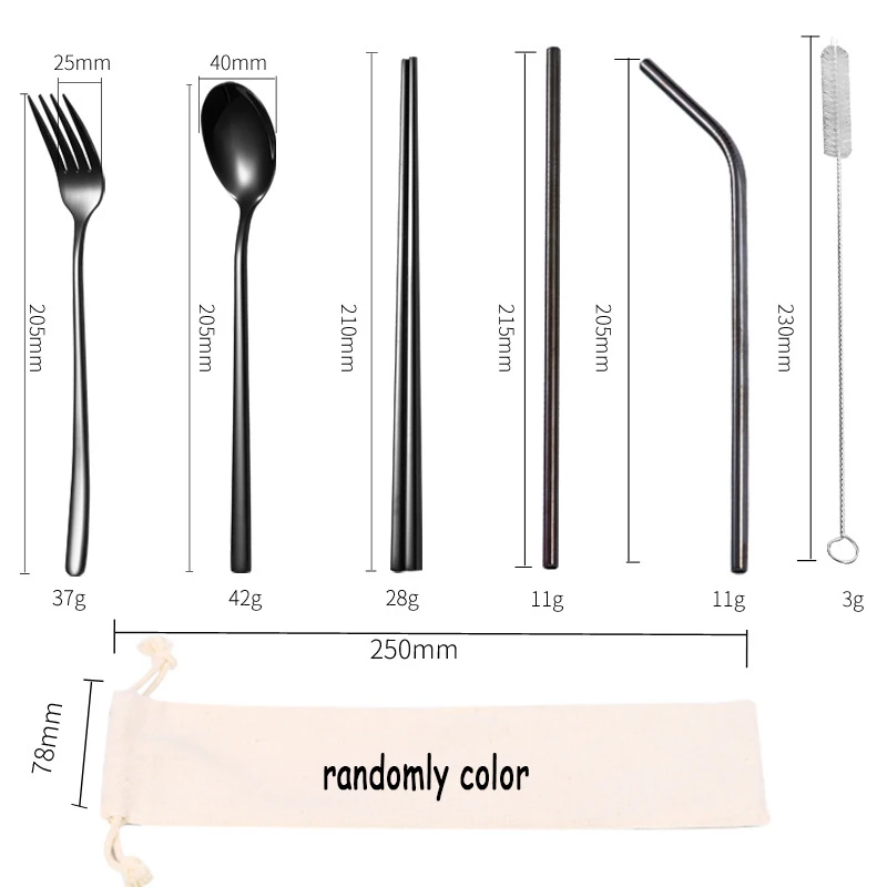 7pc 304 Stainless Steel Fork Spoon Chopsticks Set Creative Portable Tableware Straw Fork Chopsticks 7 Pieces Dinnerware Set