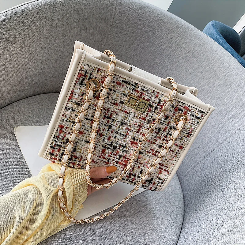 

Origional Cool Bag Women's Ins2019 Korean-style Woolen Cloth Messenger Bag Versatile Bag with Chain Square Different Size Bags
