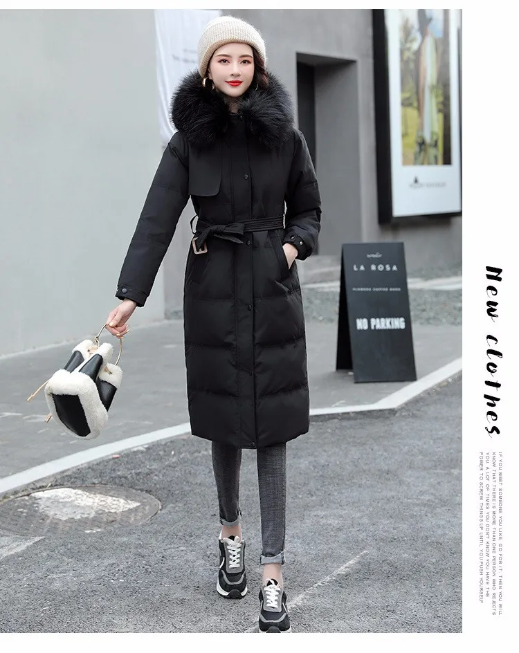 parka coat Yzeqi 2021 Women Long Winter Jacket Big Fur Belt Hooded Thick Down Parkas Female Fashion Cotton-padde Jackets Coat Warm Outwear long puffer coat