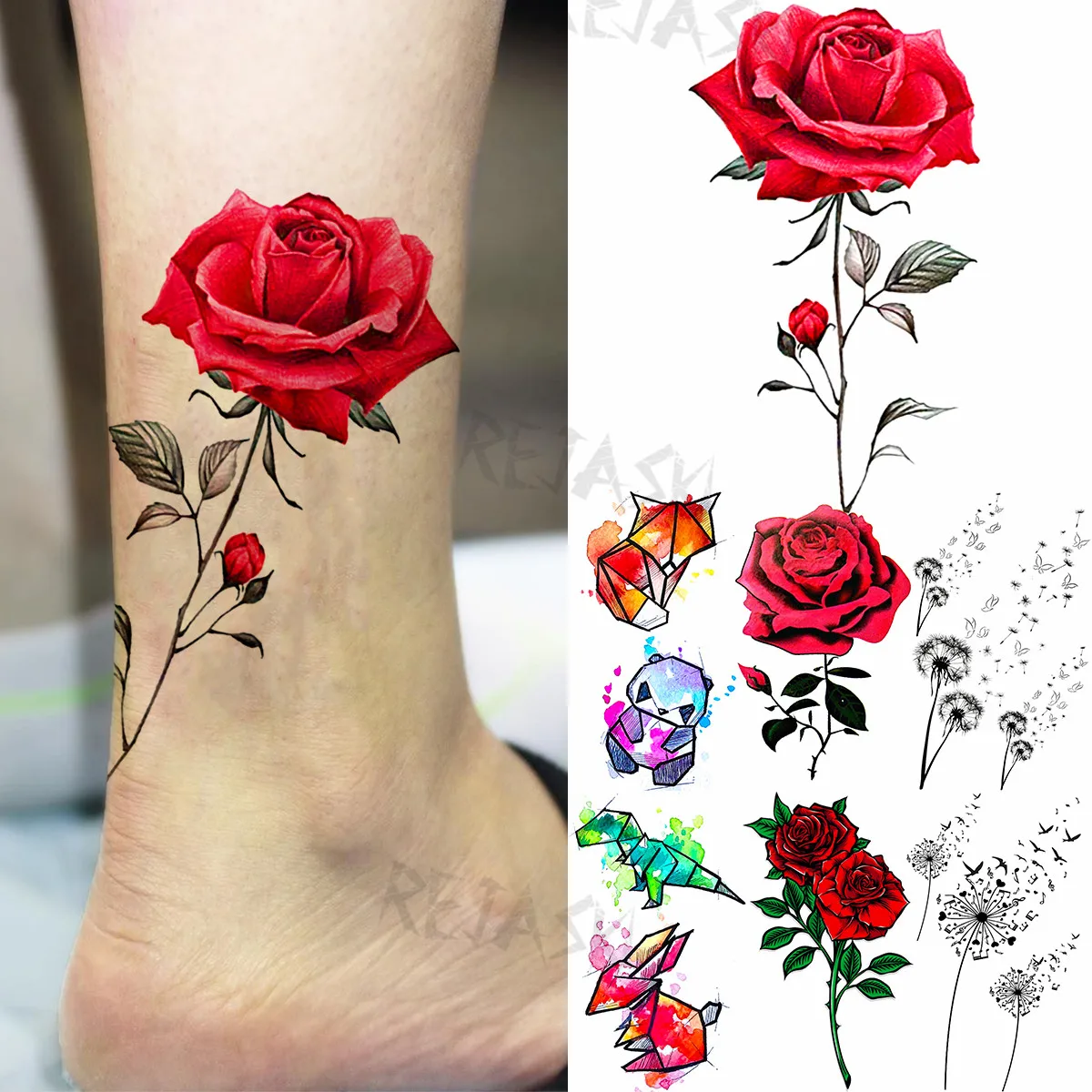 

Color Rose Fashion Feet Temporary Tattoos For Women Kids Dandelion Animal Realistic Fake Tattoo Body Art Decoration Tatoos Paper