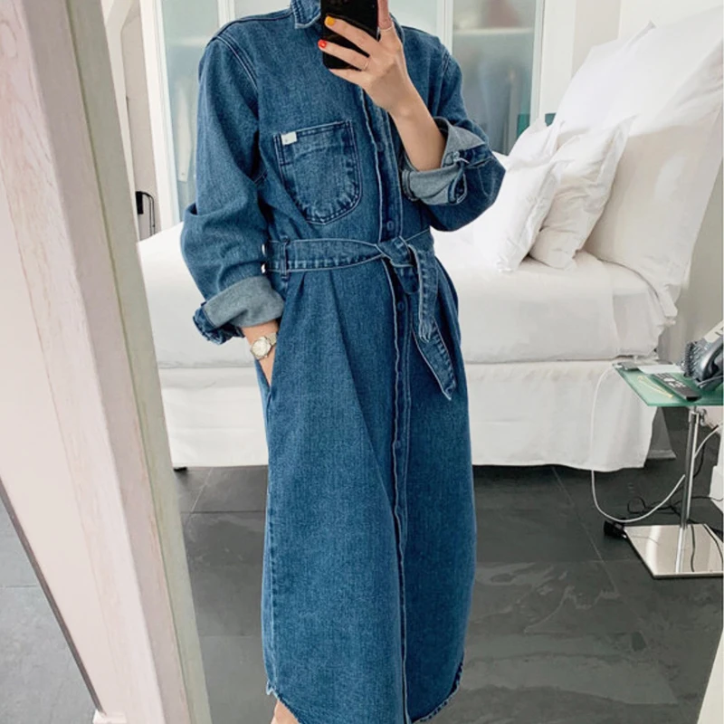 

New Style Female Jean Trench Autumn Spring Fashionable Cotton Long Solid Color Coat For Women windbreaker with belt