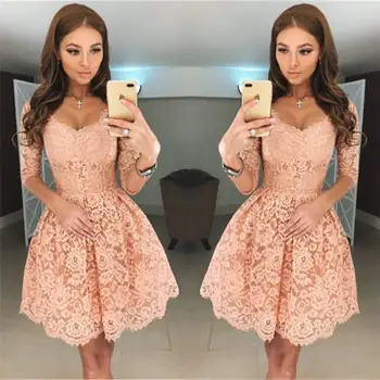 

Half Sleeves 2019 Homecoming Dresses A-line V-neck Lace Short Mini Cocktail Dresses