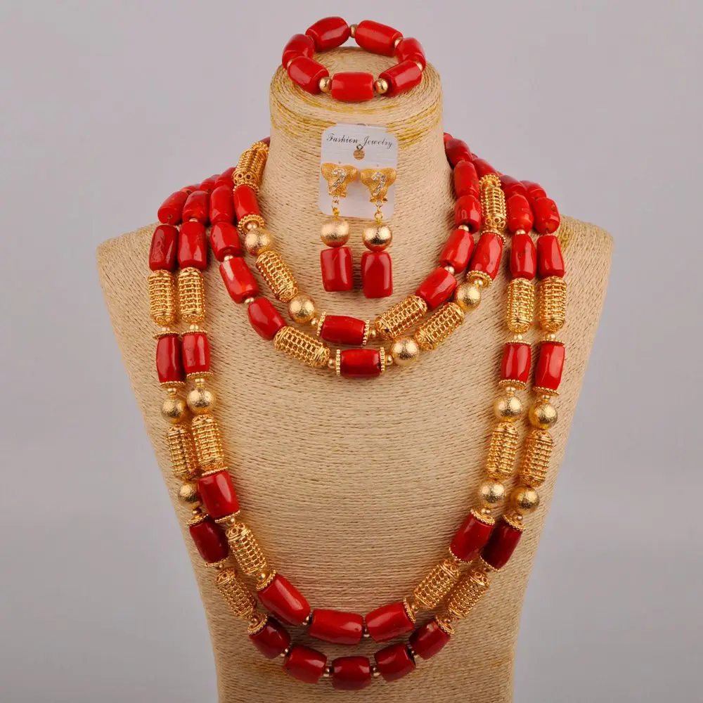 

Nigerian Wedding African Beads Red Coral Necklace Jewelry Set