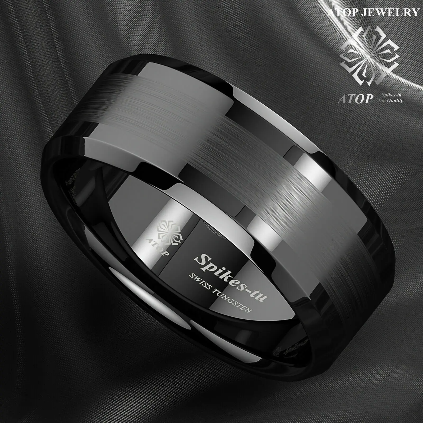 8mm Tungsten Carbide Ring Classic Black Silver Brushed Wedding Band ATOP Jewelry 