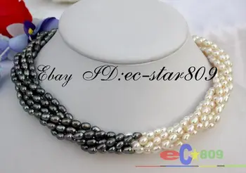

P70 Dream 6strands 17" 7mm rice white black freshwater pearl necklace Beacelet