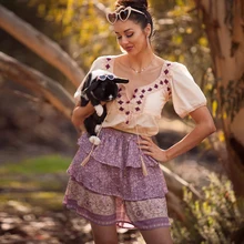 Летняя женская мини-юбка Цветочный Принт Кисточкой Высокая талия винтажный свободный крой, повседневный пляжный уличная юбка женские плиссированные юбки