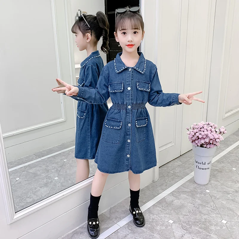 New Kids Dress for Girl Korean Party Jean Dress Denim Clothes Children Elegant Teenage Long-Sleeve Dresses for 4 7 8 9 11Y _ - AliExpress Mobile
