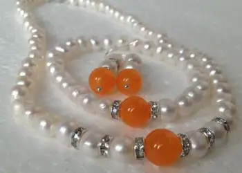 

Natural 7-8mm White Pearl Green Jade Gems Necklace Bracelet Earrings Set 18&7.5"