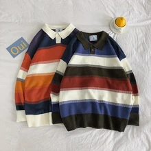 Winter Striped Sweater Men Warm Fashion Contrast Color Casual Lapel Knit Sweater Man Loose Long-sleeved Pullover Men Sweter Winter Striped Sweater Men Warm Fashion Contrast Color Casual Lapel Knit Sweater Man Loose Long-sleeved Pullover Men Sweter
