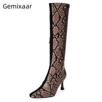 

Slim Knee High Boots Women Serpentine Print Walking Bottes Pointy Toe High Gladiator Heel Botas Side Zip 2020 Fashion Long Boots