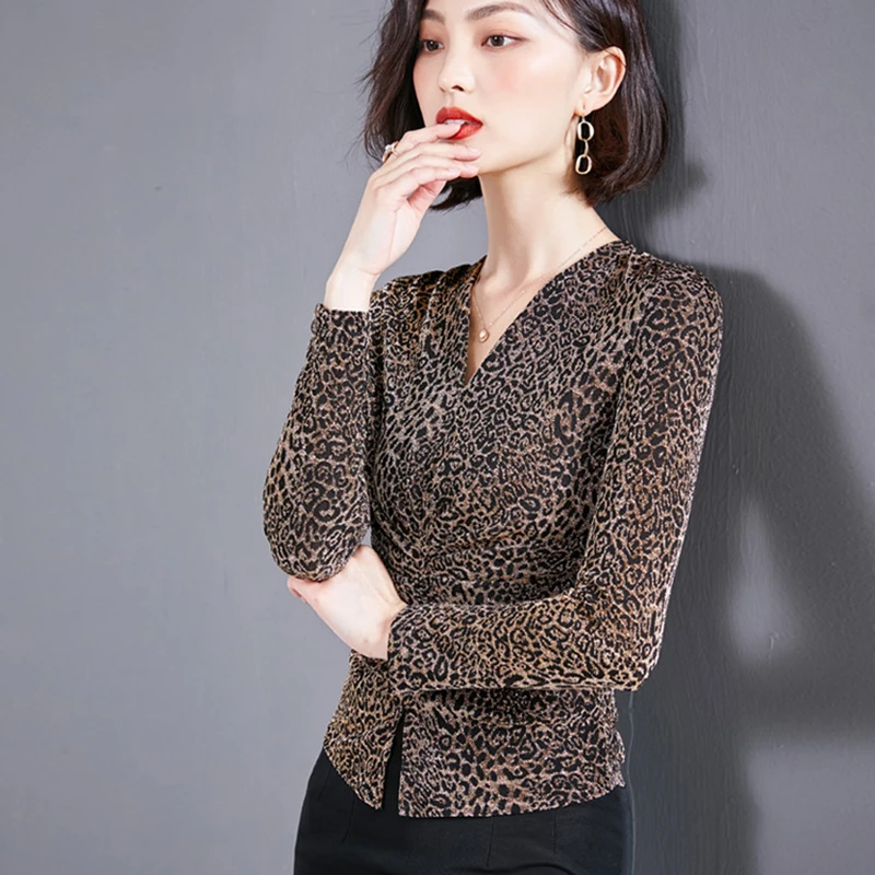 

Fall Sexy V-Neck Ruffle Leopard Blouse Femme Blouses Woman 2019 Long Sleeve Shirt Women Korean Clothes Casual Ladies Tops Blusa