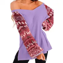 

Lady Sweater Christmas Print Lantern Sleeve Knitted Top V Neck Side Split Pullover Autumn Knitted Sweater for Daily Wear