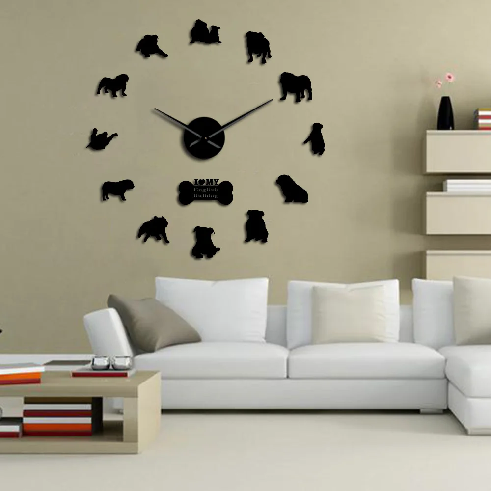Günstig Englisch Bulldog Wohnkultur Wanduhr British Bulldog Silhouetten Wand Kunst DIY Große Wanduhr Uhren Große Zeit Wanduhr