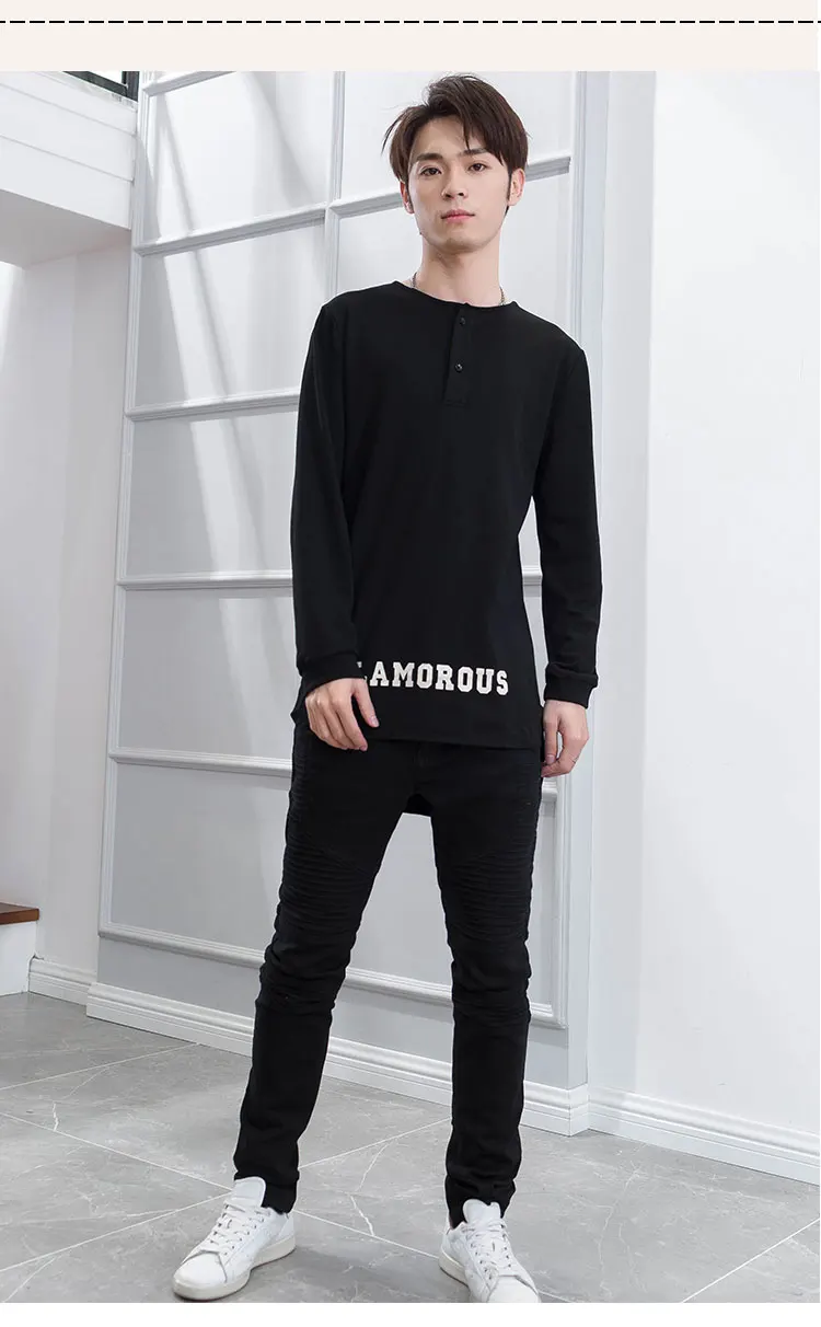 M-XXL весна и осень новая средняя длина передняя короткая задняя Длинная Круглая Шея тонкая нижняя рубашка мужская рубашка дикая черная