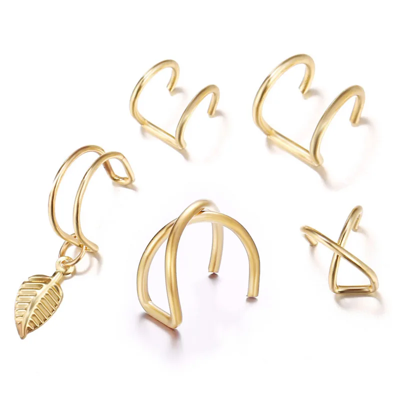 Gold-5PC Leaf Мода 5 шт./компл. не проколо крест C Форма клип на серьги Кафф Для женщин серьги головные уборы не пирсинг уха Обёрточная бумага Earcuff - Окраска металла: Gold-5PC Leaf