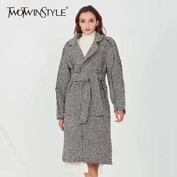 

TWOTWINSTYLE Plaid Windbreaker For Women Lapel Long Sleeve High Waist Lace Up Hit Color Gray Windbreakers Female 2020 New Style