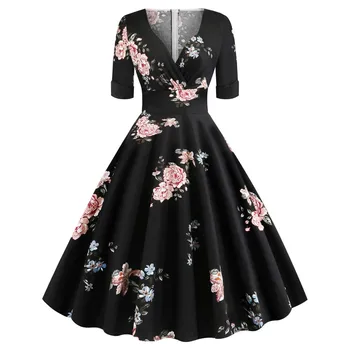 

2019 Summer Vintage Dress Floral Print A Line V-Neck Short Sleeve Retro Fashion Swing Dresses Elegant Party Dress