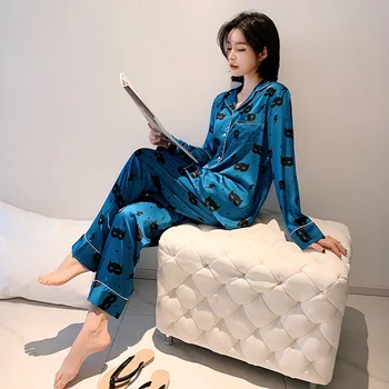 

Pajama women's spring and summer long sleeve silk like Pajama suit ins sexy printed ice silk home clothes