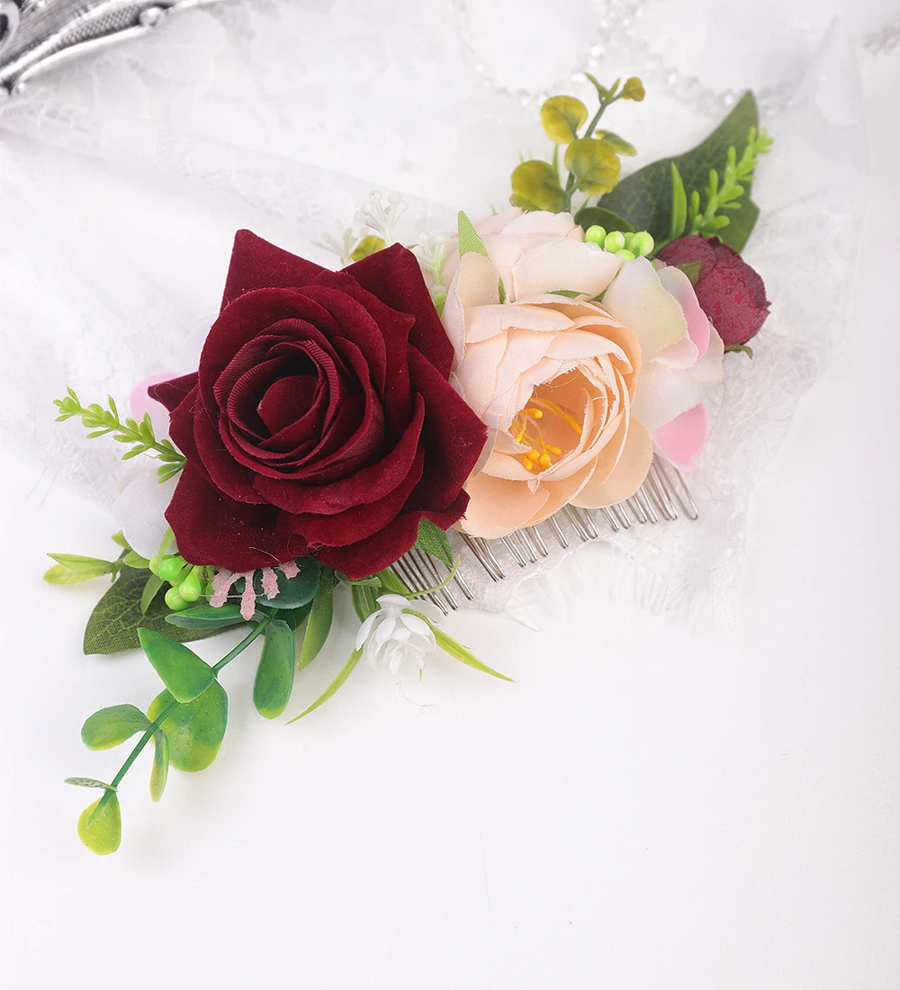 Chic Flower Hair Comb Red Rose Wedding Bridal Hair Accessories Female Glamour Classic vine Fashion Pins for women