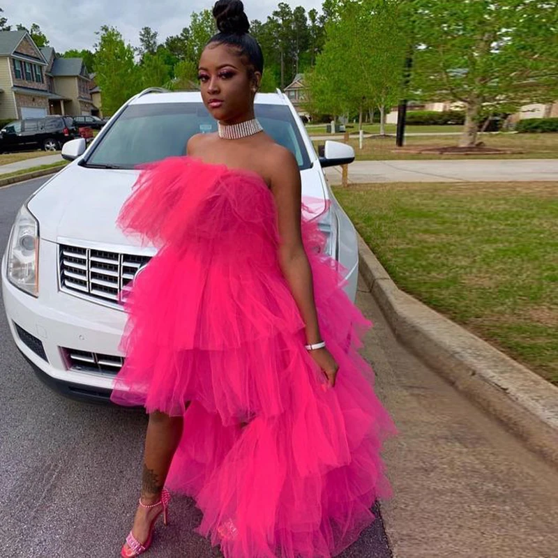 

High Fashion Hot Pink Ruffles Tiered High Low Women Dresses Off The Shoulder Female Summer Clothing Puff Long Mesh Robe