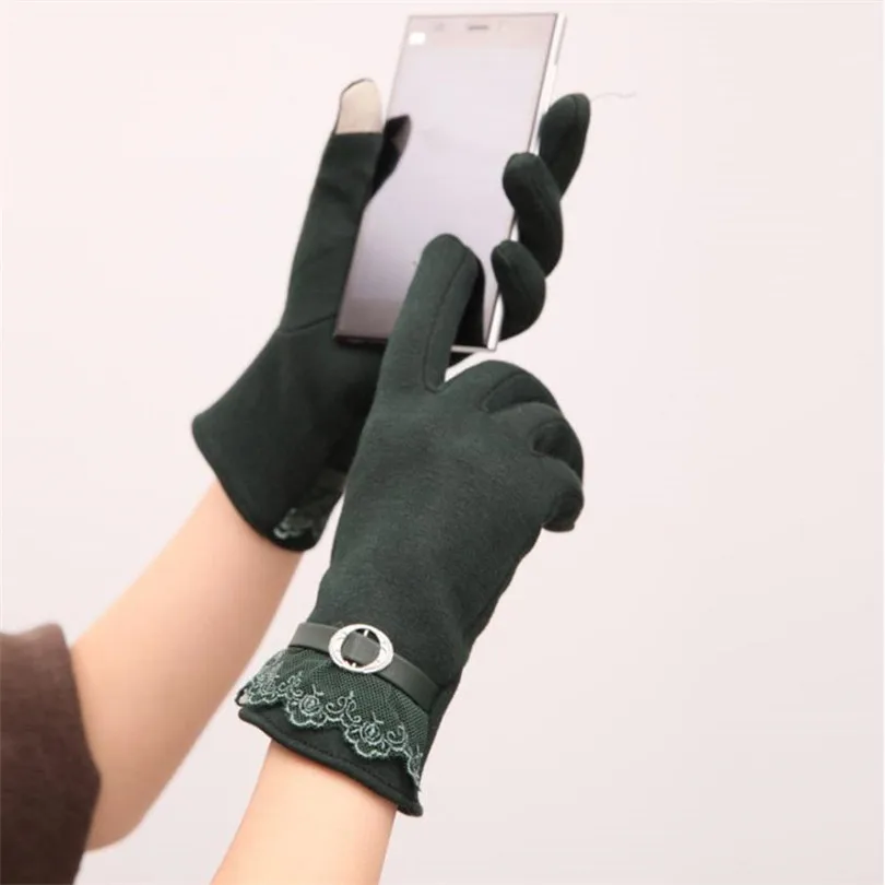 YRRETY Woman High Quality Knitted Gloves Touched Screen Thick Warm Glove Winter Autumn Mitten Women Winter Stitching Plaid Glove - Цвет: GA089 Lace Green