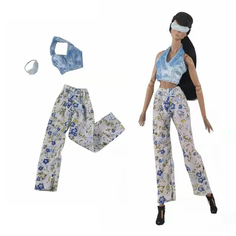 

Fashion 1/6 BJD Doll Clothes For Barbie Accessories Princess Outfits Blue Crop Top Pants Blindfold Patch Kids Playhouse Toy Gift