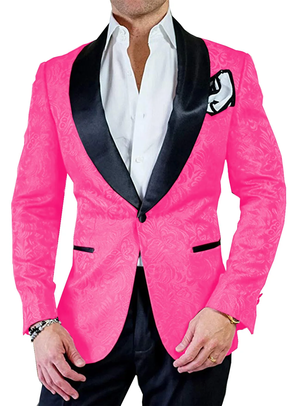 Fuchsia black Мужской костюм из 2 предметов, зауженная жаккардовая шаль, смокинги с лацканами, повседневные мужские костюмы для свадьбы,(Блейзер+ штаны - Цвет: Fuchsia black