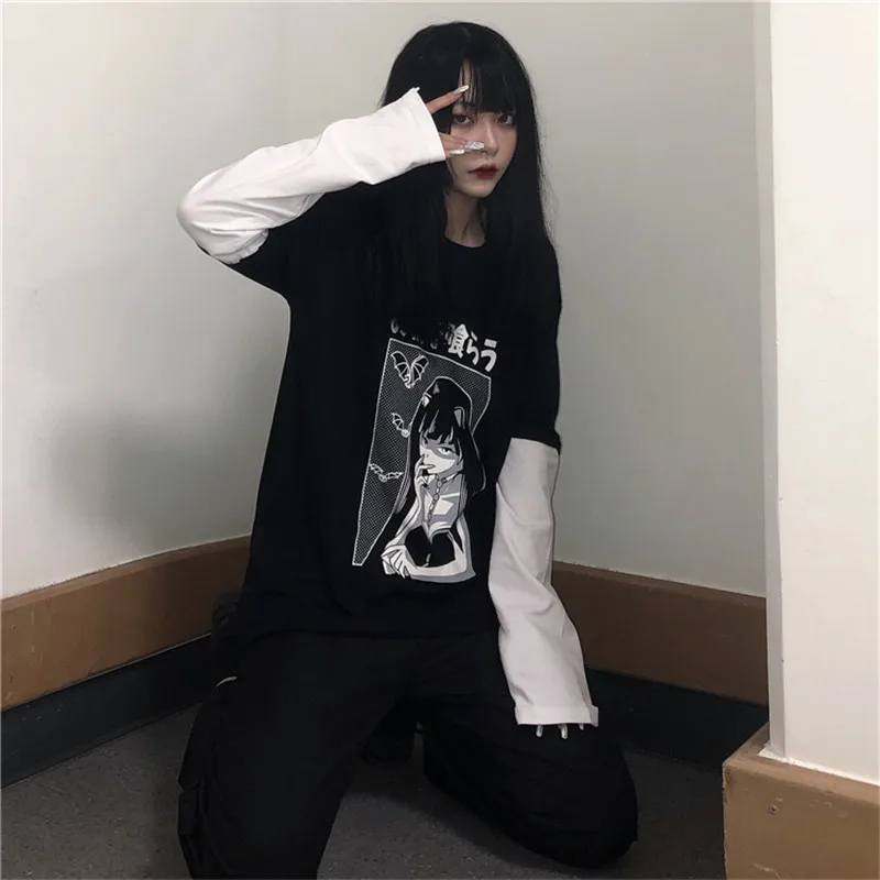 Личи Харадзюку поддельные 2 шт женские пуловеры японская темная девушка Лоскутная Толстовка Свободные o-образным вырезом осенние дамские свитшоты Топы