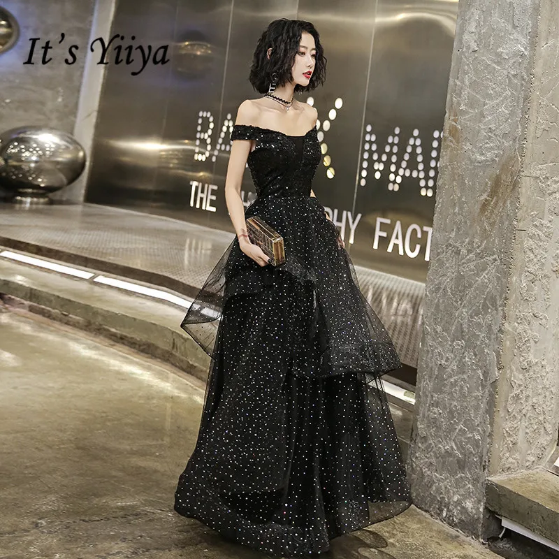 It's Yiiya Evening Dress Boat Neck Sequins Black Evening Dresses Off Shoulder Elegant Formal Gowns Long robe de soiree LF125