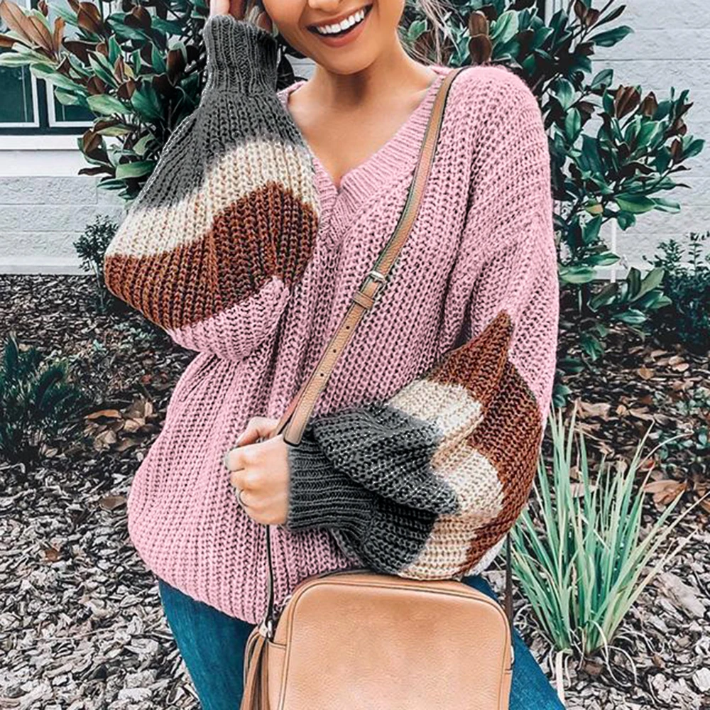 V Neck Plus Jumper Women's Sweater 2019 Winter Patchwork Loose Lantern Sleeve Streetwear Stripe Women's Jumper Female Pullover
