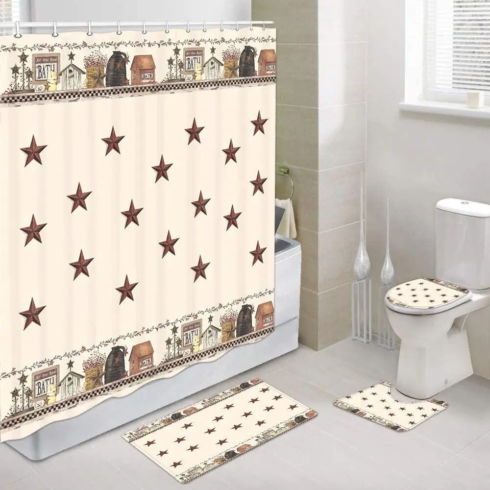 

Rustic Country Star Shower Curtain Sets with Non-Slip Rugs Toilet Lid Cover and Bath Mat Christmas Farmhouse Bathroom Decor Rug