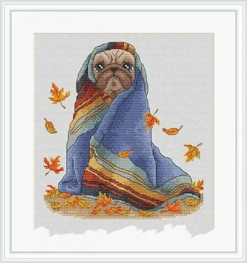 CS-3088 Cross Stitch Kit Autumn Dog Puppy in Blanket Shivering, Autumn Leaves