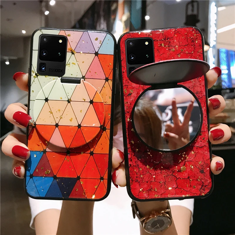 Mirror Bracket Phone Cases for Samsung Galaxy S20 S9 S8 S10 Plus Note 10 8 9 Case Glossy Drop Glue Marble Cover |